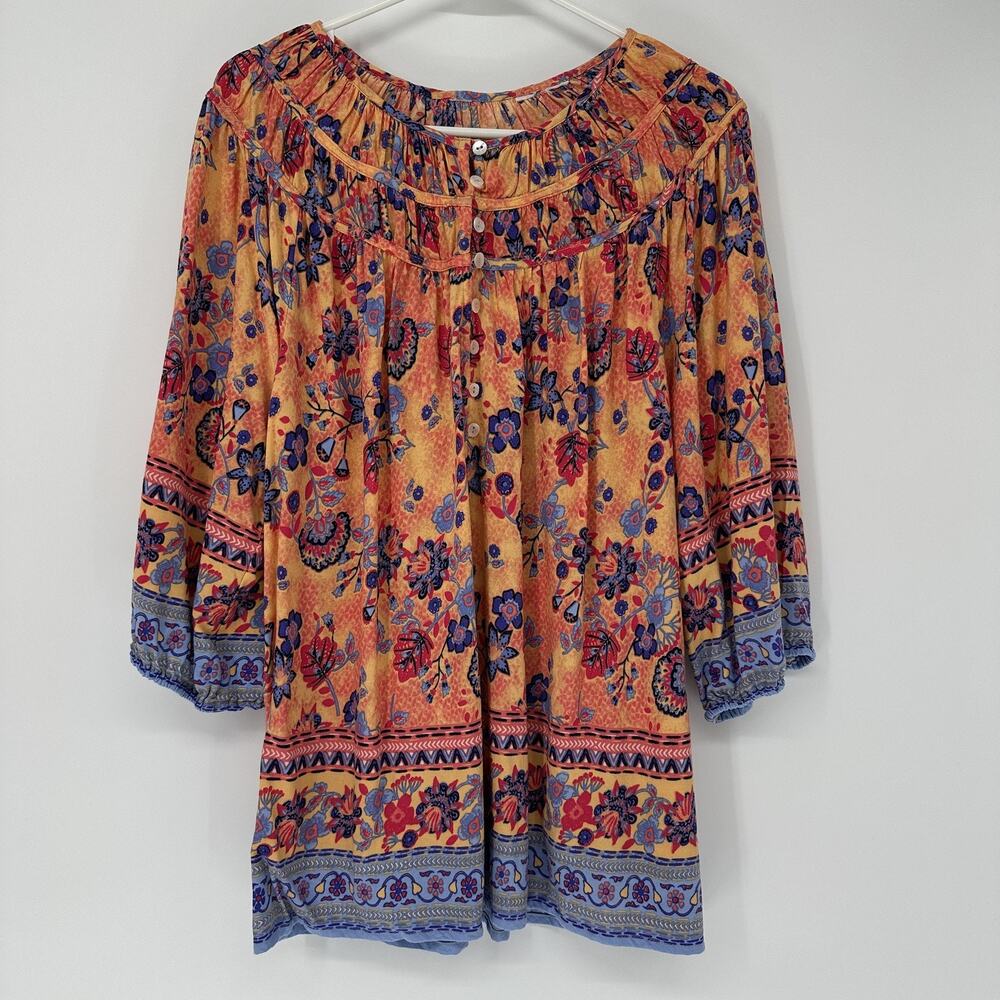 Womens Floral Paisley Tunic LARGE Top 100% Rayon Boho 3/4 Sleeve Orange Blue